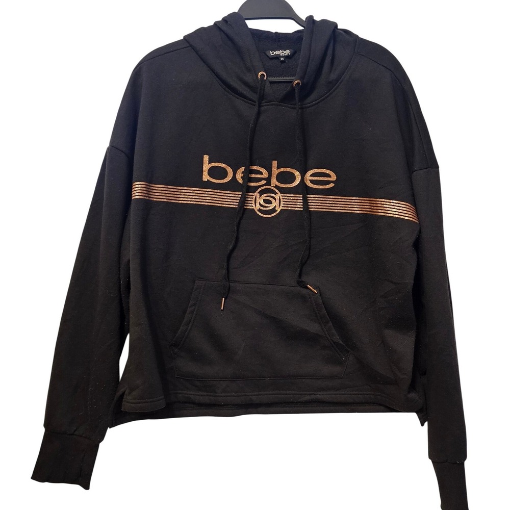 Bebe Sport Womens 2X Black Rose Gold Foil Logo Hoodie Sweatshirt JT4